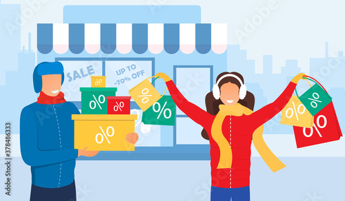 Winter Sale customers with lots of discounted purchases carrying boxes and bags smiling happily, colored vector illustration