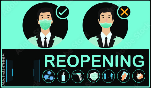 REOPENING text and practical prevention tips for the prevention of COVID19 coronavirus contamination.How to wear a face mask correct and wrong.