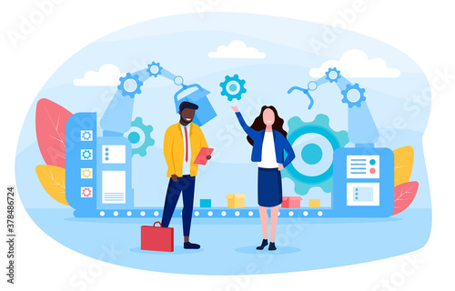 Business Optimization process with automated production and multicultural colleagues working as a team, colored vector illustration