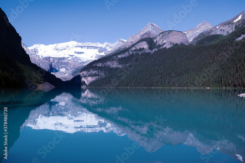 Mountain reflection in lake water canada.