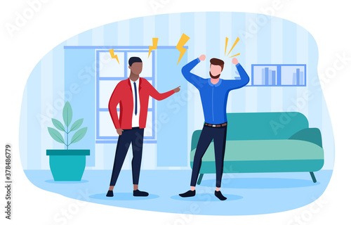 Conflict concept with two diverse men standing arguing and fighting indoors at home, colored vector illustration