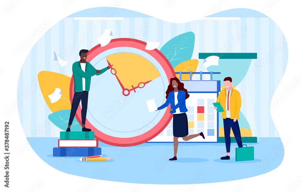 Business team working to a Deadline with the minutes counting down on a clock and woman running in an efficiency and time management concept, colored vector illustration
