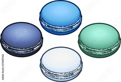 Four colourful macarons. Dark blue, pale cyan, pale blue, blueberry.