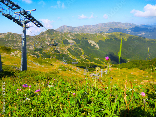 Cableway in Gomito mountain, Val di Luce, Abetone, Pistoia, Tuscany, Italy, in summer. photo