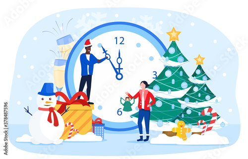 Countdown to the New Year with clock approaching midnight and diverse young couple surrounded by gifts, snowman, and Christmas trees, colored vector illustration