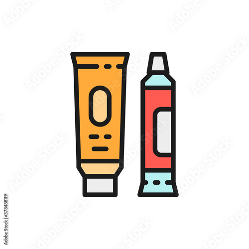 Hand cream, cosmetic tubes, toothpaste flat color line icon.