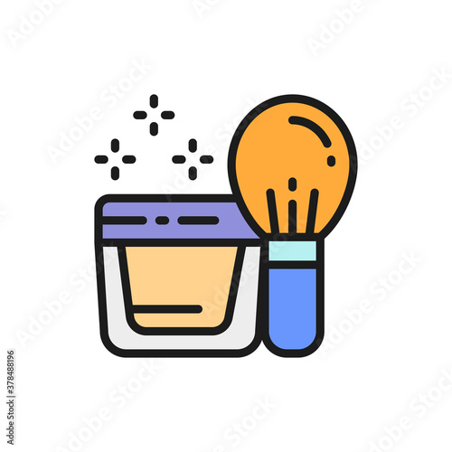 Powder, kabuki brush, face cream in jar flat color line icon.