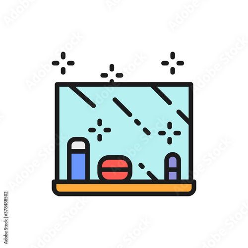 Dressing table, makeup mirror, cosmetics flat color line icon.