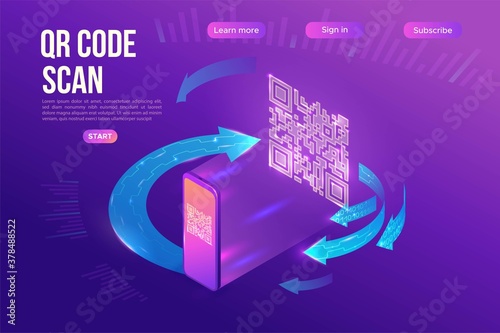 QR code scan isometric infographics with phone reading tag, smartphone scanning label, online pay concept, 3d vector illustration of mobile application