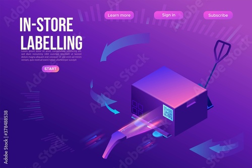 Qr code scanner reads tag on box, landing page template, warehouse label on a container, pallet with goods, mobile application for labelling cargo, marked package, 3d isometric vector illustration