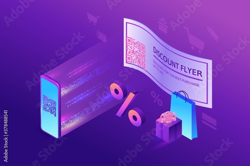 Discount coupon with QR code, scanning voucher by smartphone to get a special offer, loyalty program mobile application, 3s isometric infographic vector illustration, purple gradient sale concept