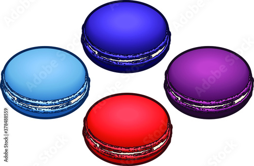 Four colourful macarons. Blue purple, red purple, red, blueberry.