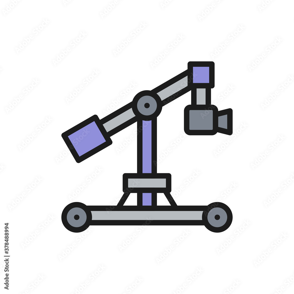 Digital movie camera on dolly rails flat color line icon. Digital movie camera on dolly rails flat color line icon.