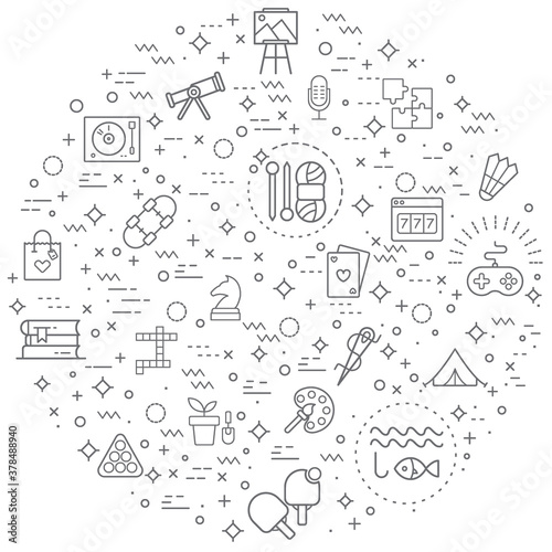 Simple Set of hobby and free time Related Vector Line Illustrations. Contains such Icons as hobbies, activities, sport, art, gaming, ball, book and more. 