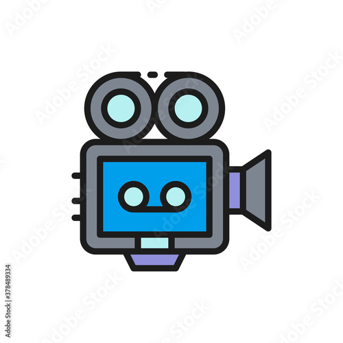 Movie camera with film strip, camcorder, retro cinema projector color line icon.