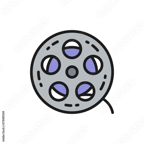 Movie reel, cinema roll, film strip flat color line icon.