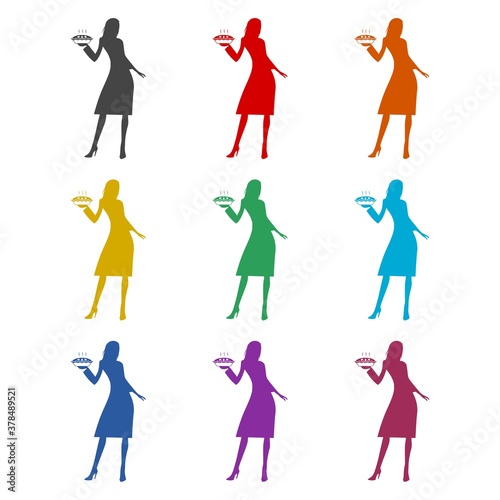 Housewife concept, young woman holding sweet pie icon, color set