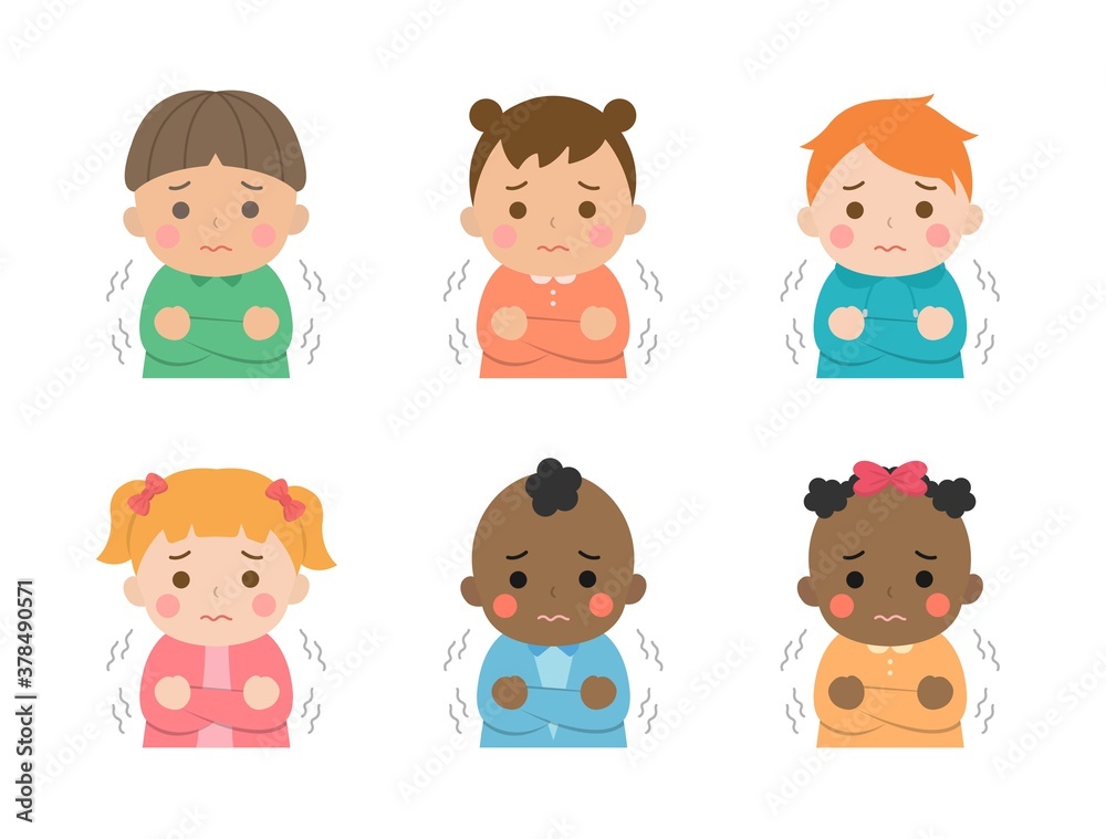 Cute children's daily illustrations set, different races with skin color, cold, shaking, cartoon comic vector illustration, set, isolated Cute children's daily illustrations set, different races with skin color, cold, shaking, cartoon comic vector illustration, set, isolated