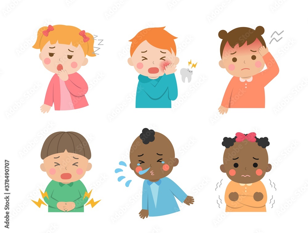Cute children's daily illustration set, different races with skin color, crying, illness, cold, virus, tooth decay, pain, cartoon comic vector illustration, set, isolated