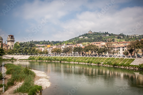 Beautiful view of Verona and the Adige river from the Peter's bridge (Ponte Pietra). Verona, Veneto, Italy