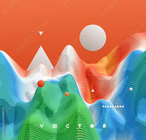 Landscape with mountains and moon. Mountainous terrain. 3D abstract background. Futuristic vector illustration.