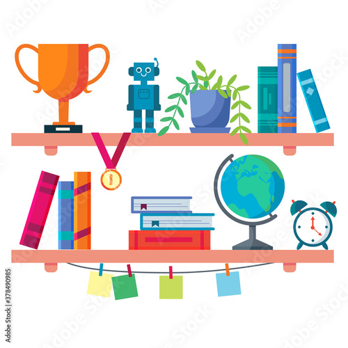Bookshelf in apprentice boys room. Detail of the bedroom interior. Flat cartoon illustration isolated on white background