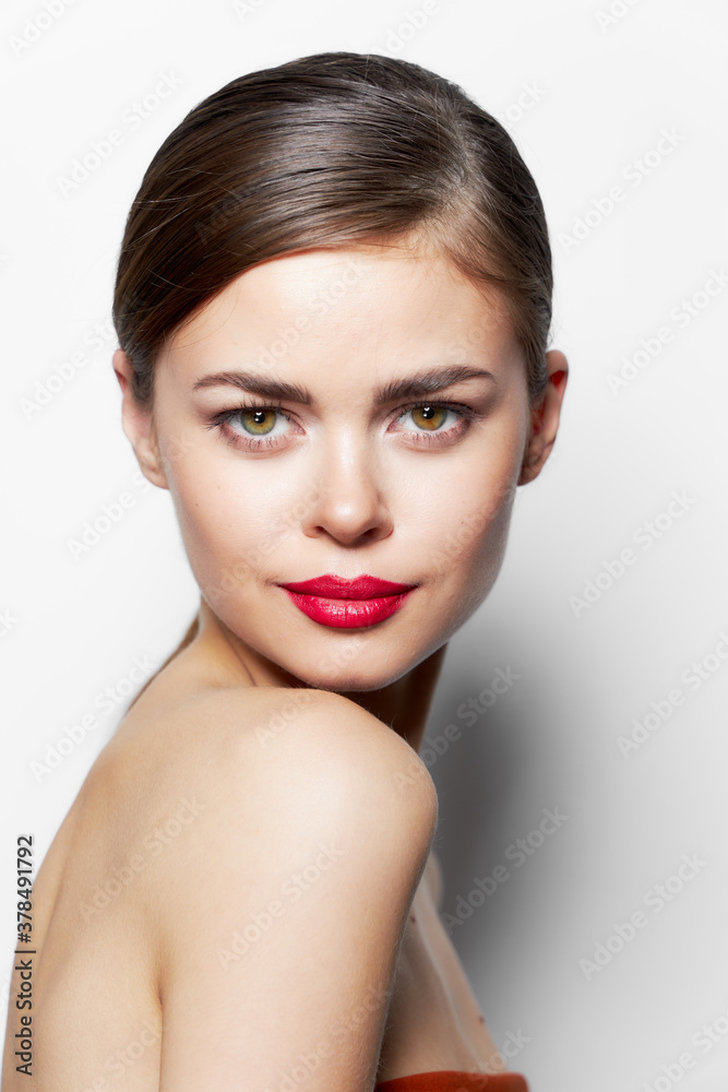 woman red lips naked shoulders attractive look woman red lips naked shoulders attractive look