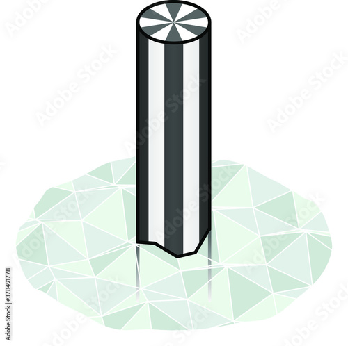 A water way navigation marker/buoy - do not pass, obstruction. A pole with black and white alternating vertical stripes.