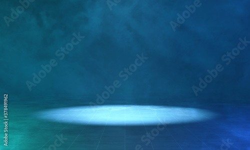 3D Rendering of grunge tile cement floor with dim light at center in mist foggy background