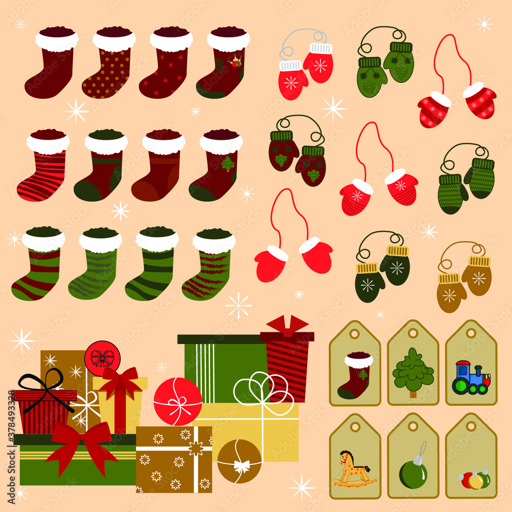 New Year and Christmas traditions, hanging socks over the fireplace, colorful, warm, woolen. Red, green, with fur, wool. Mittens for warmth and comfort. Boxes. They put sweets, sweets, gifts. Surprise New Year and Christmas traditions, hanging socks over the fireplace, colorful, warm, woolen. Red, green, with fur, wool. Mittens for warmth and comfort. Boxes. They put sweets, sweets, gifts. Surprise