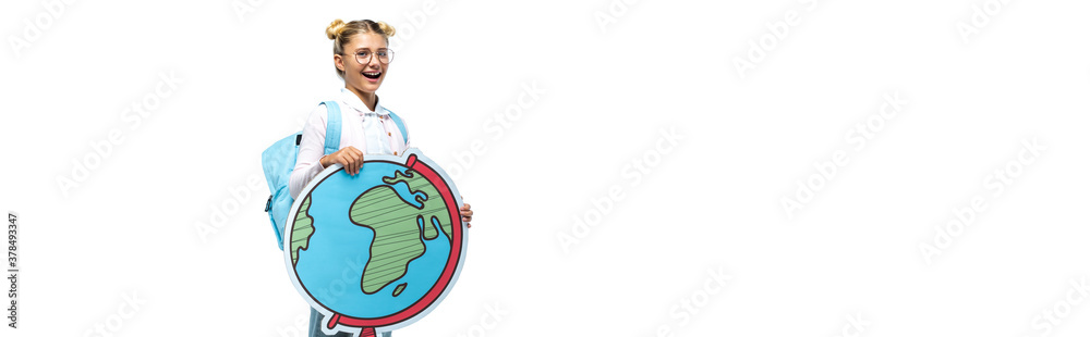 website header of schoolgirl in eyeglasses holding paper cut globe while standing isolated on white website header of schoolgirl in eyeglasses holding paper cut globe while standing isolated on white