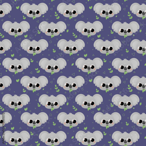 Photography Cute childish pattern with koalas and leaves and triangles, circles on dark blue