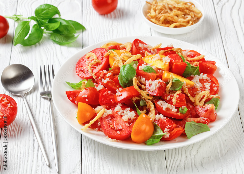 tomato salad with fried onion, quinoa and basil tomato salad with fried onion, quinoa and basil
