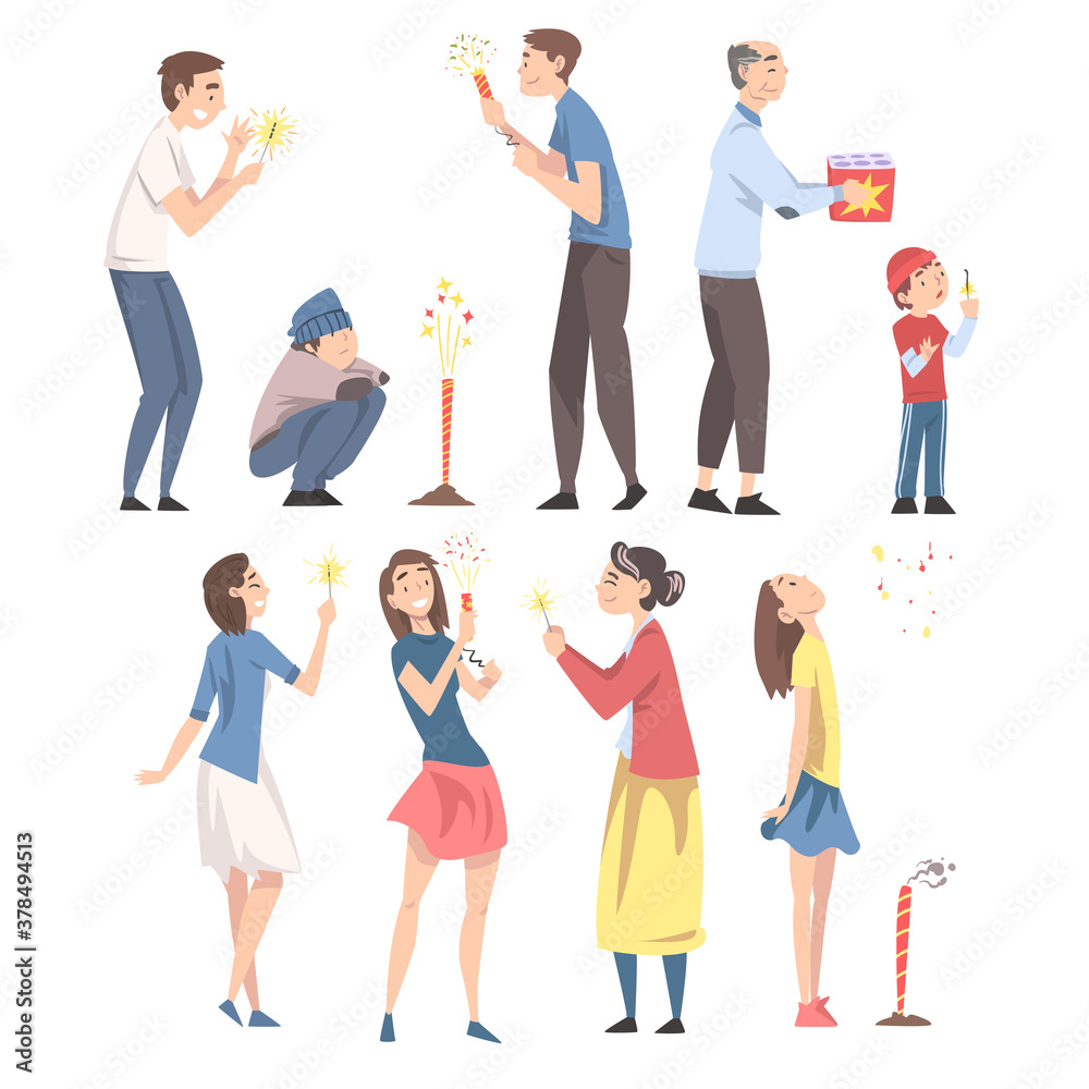 Happy People Launching Fireworks Set, People of Various Ages Celebrating Holidays and Enjoying Fireworks Show Cartoon Style Vector Illustration