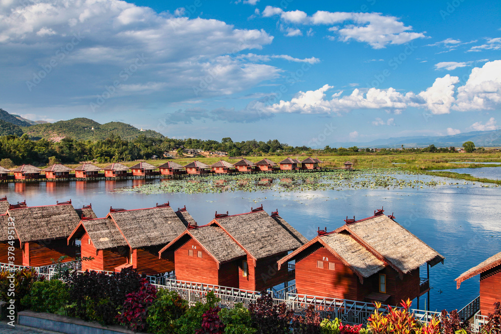 Wooden floating houses on Inle Lake in Shan, Myanmar, former Burma