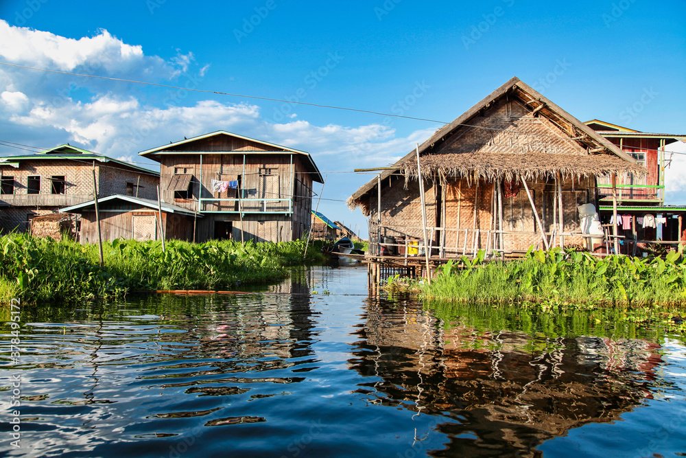 Wooden floating houses on Inle Lake in Shan, Myanmar, former Burma Wooden floating houses on Inle Lake in Shan, Myanmar, former Burma