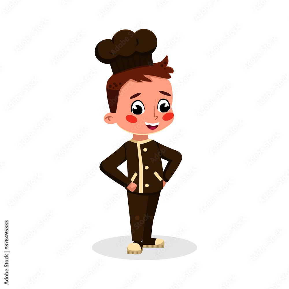 Boy Professional Chef Character, Cute Kid in Black Uniform and Hat Cartoon Style Vector Illustration Boy Professional Chef Character, Cute Kid in Black Uniform and Hat Cartoon Style Vector Illustration
