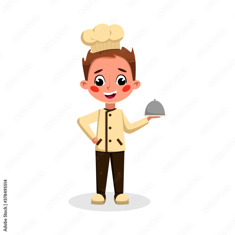 Boy Professional Chef Character Holding Restaurant Cloche, Cute Kid in Uniform and Hat Cooking Tasty Dish Cartoon Style Vector Illustration