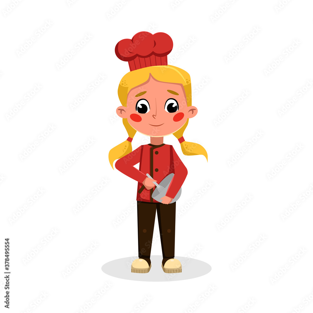 Girl Baker or Confectioner Character Holding Bowl and Whisk, Side View of Cute Chef Kid in Uniform and Hat Cooking Tasty Dish Cartoon Style Vector Illustration Girl Baker or Confectioner Character Holding Bowl and Whisk, Side View of Cute Chef Kid in Uniform and Hat Cooking Tasty Dish Cartoon Style Vector Illustration