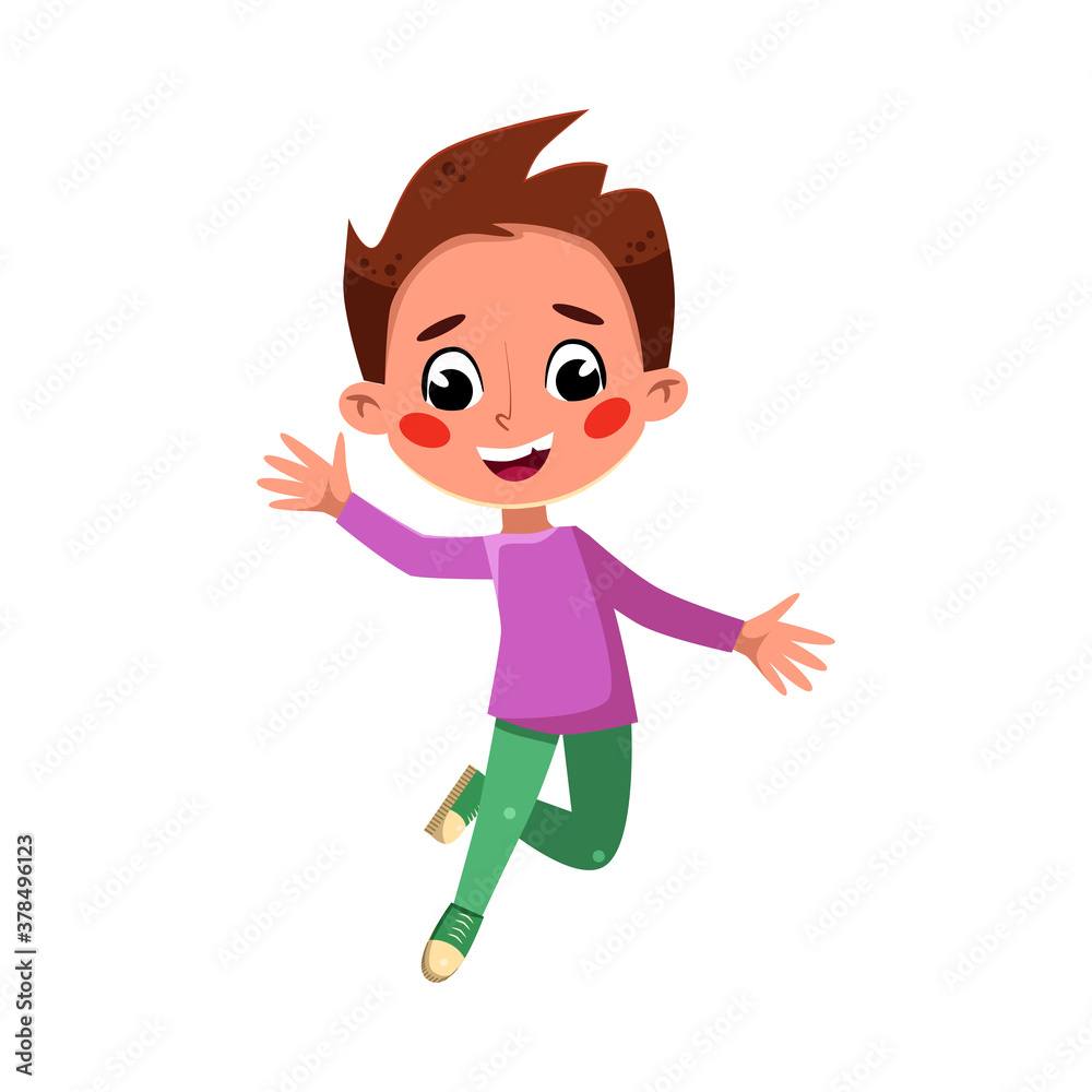 Happy Boy umping, Cute Preschool Kid Having Fun, Celebrating Holiday, Doing Sports Cartoon Style Vector Illustration Happy Boy umping, Cute Preschool Kid Having Fun, Celebrating Holiday, Doing Sports Cartoon Style Vector Illustration