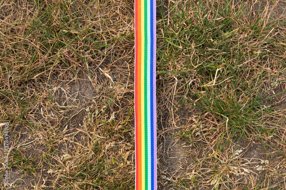 A rainbow striped ribbon laying in the grass. Supporting the rights of the LGBTQ lesbian, gay, bisexual, transgender and queer community. Happy colors A rainbow striped ribbon laying in the grass. Supporting the rights of the LGBTQ lesbian, gay, bisexual, transgender and queer community. Happy colors