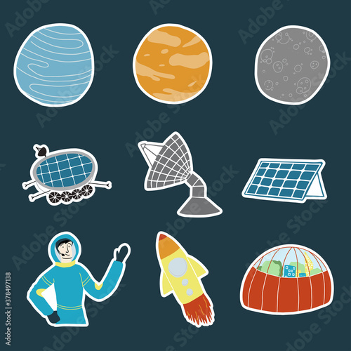 Vector illustration of space exploring pack. Sticker pack with planets, satellite, robot, radio station, solar battery, astronaut colonist; spaceship, city under the dome on the blue background.