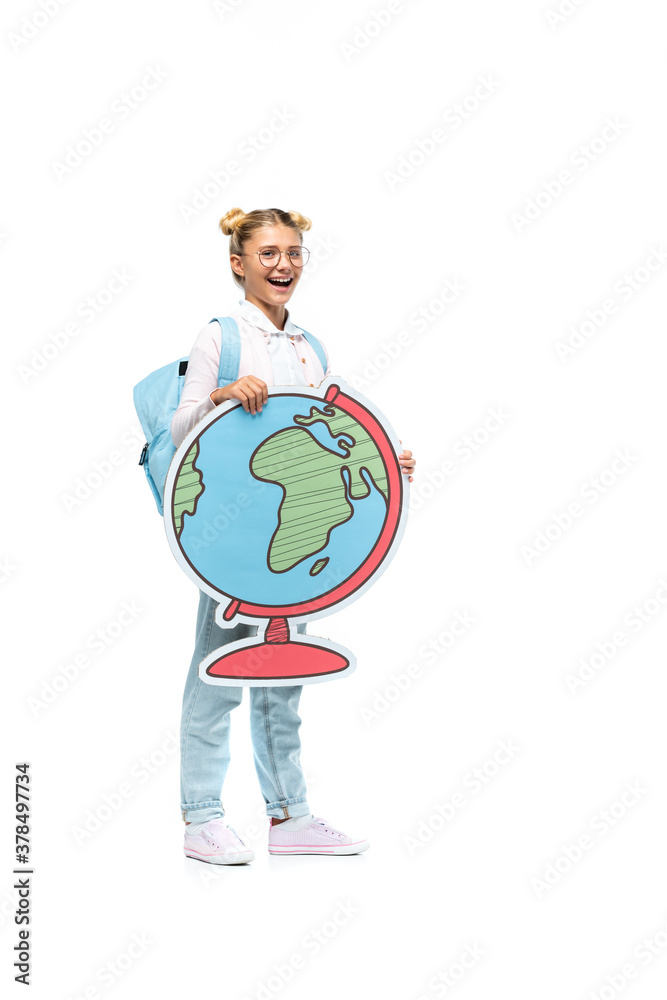 Fototapeta premium Schoolkid holding paper globe on white background