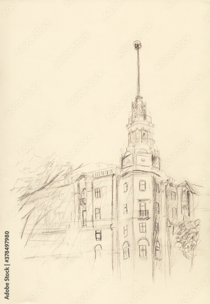 Stock pencil illustration of house with tall spire with a star in the center of Minsk city, Belarus. Urban Eastern European architectural hand drawn sketch. Concept for decoration and background.