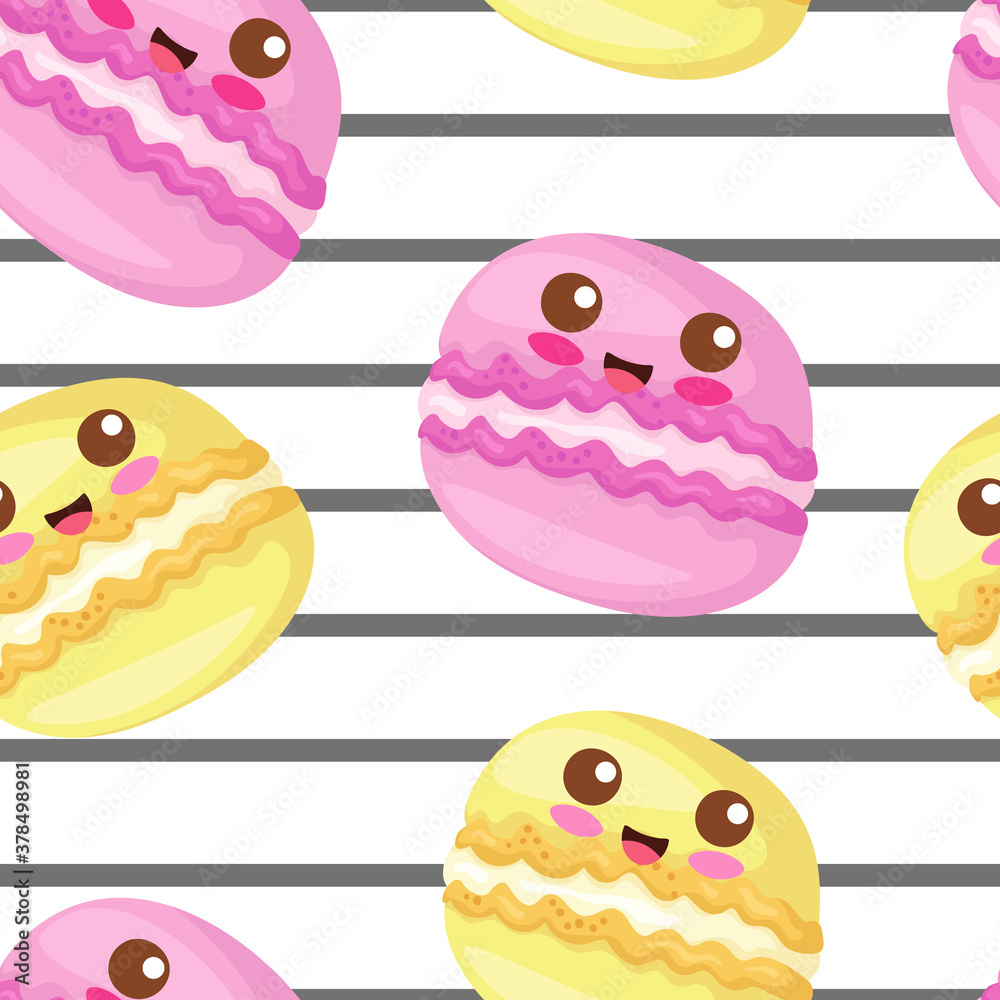 Seamless vector pattern with kawaii pink & yellow macarons. Cute food characters illustration for wrapping paper, postcard, background, confectionery, bakery decoration. Popular sweet French dessert.