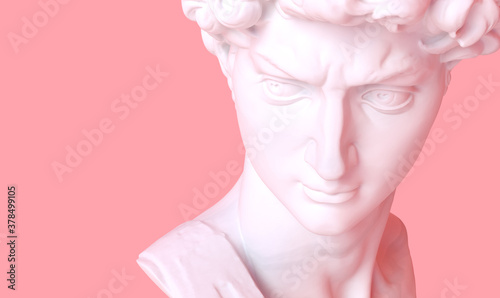 Head of Michelangelo's David on a pink coral background. 3d render illustration.  © Elena