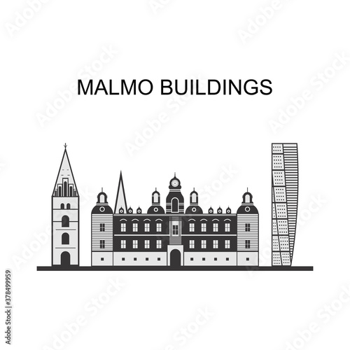 Beautiful panoramic view of the Malmo city in Sweden. Turning Torso is a neo-futurist residential skyscraper in Sweden and the tallest building in Scandinavia. Vector illustration