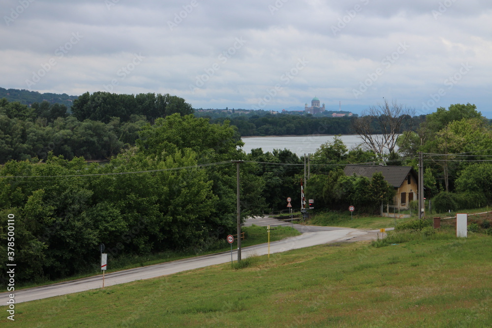 View from Chlaba village to Danube river and Esztergom Basilica, south Slovakia