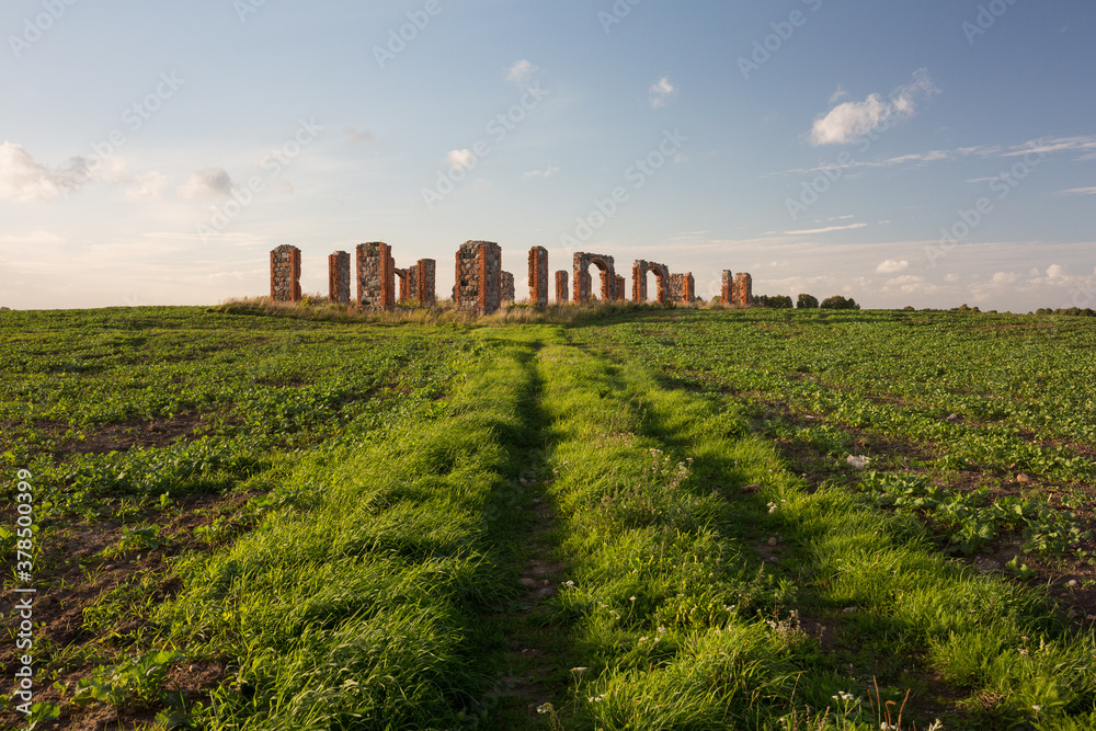 City Smiltene, Latvia.Old brick stonehenge and park.