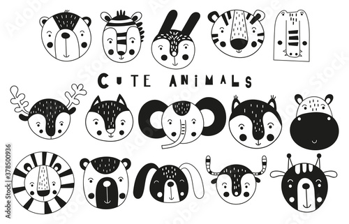 Cute scandinavian monochrome prints animals. Hand drawn. Doodle cartoon forest and jungle animals for nursery posters, cards, t-shirts. Vector illustration. Bear, zebra, lion, tiger, croc, hippo.